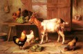 Chèvre et poulets alimentation dans a maison intérieur ferme animaux edgar chasse
